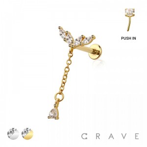 CZ MARQUISE V TEAR DROP CZ DANGLE CHAIN TOP 316L SURGICAL STEEL THREADLESS (PUSH IN ) LABRET SET